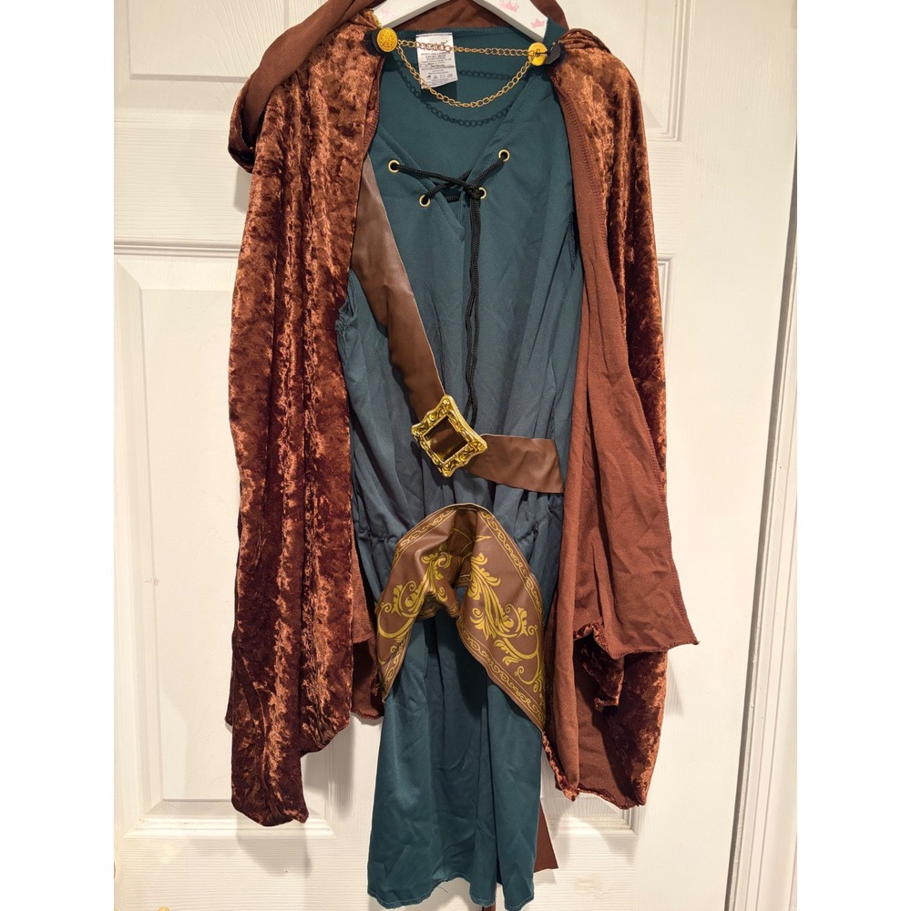 Spirit Halloween Robin Hood Costume Kids XL 14-16 Green Dress Brown Hooded Cape